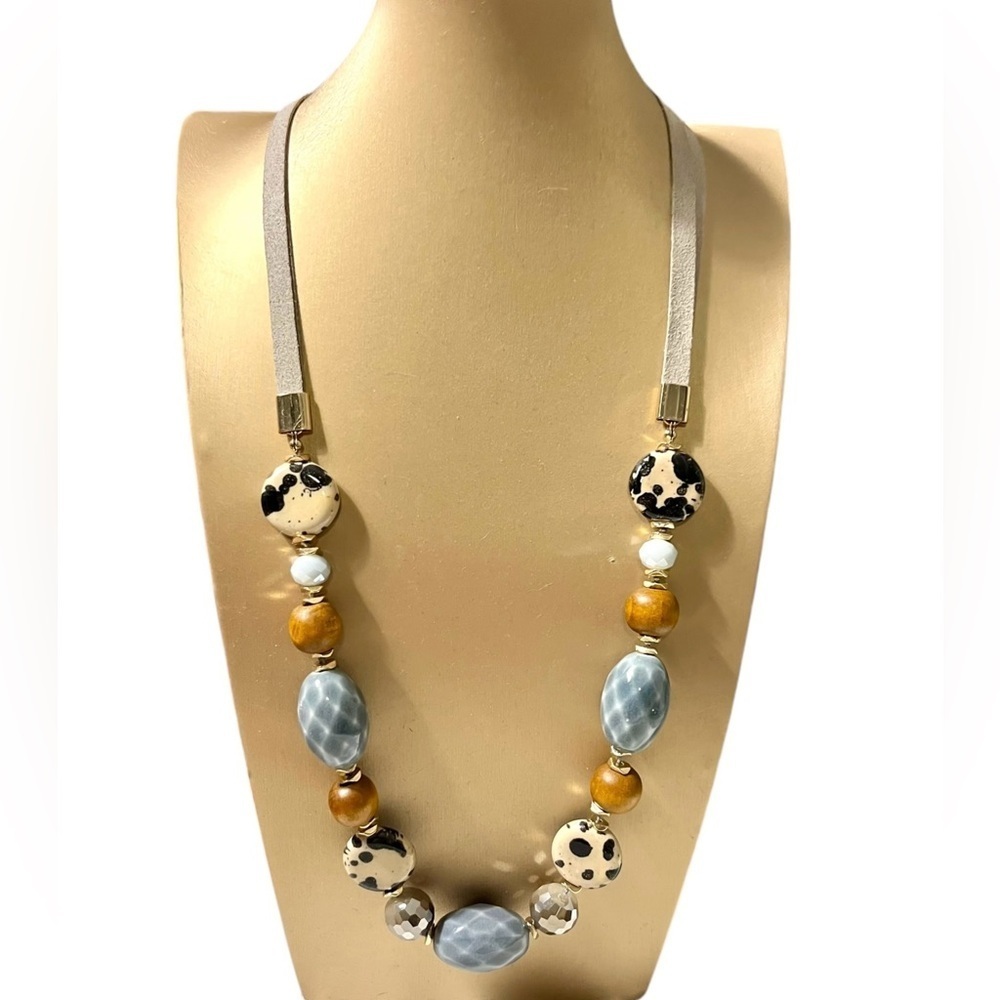 Long Beaded Necklace 28” Brown/Black/Blue